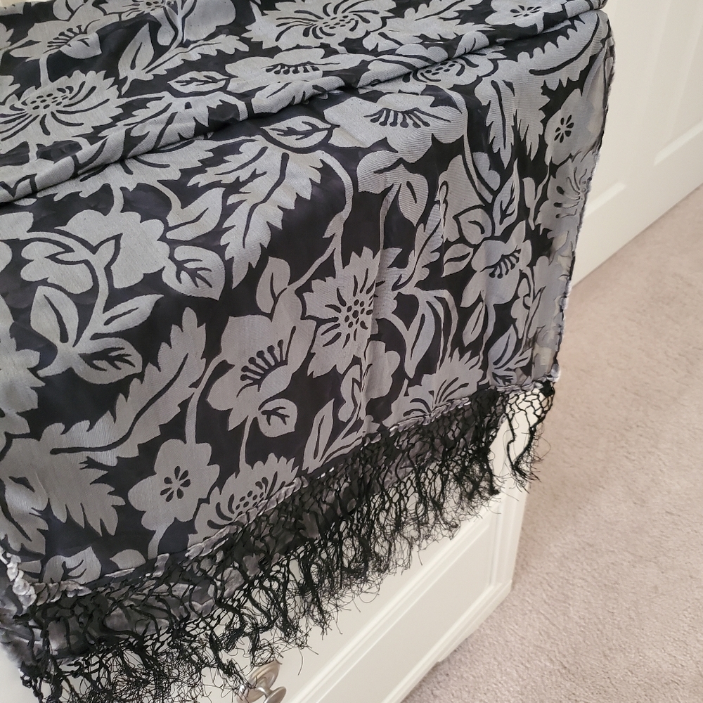 Elegant long Black and Gray Floral Scarf with Fringe, 70" x 21"